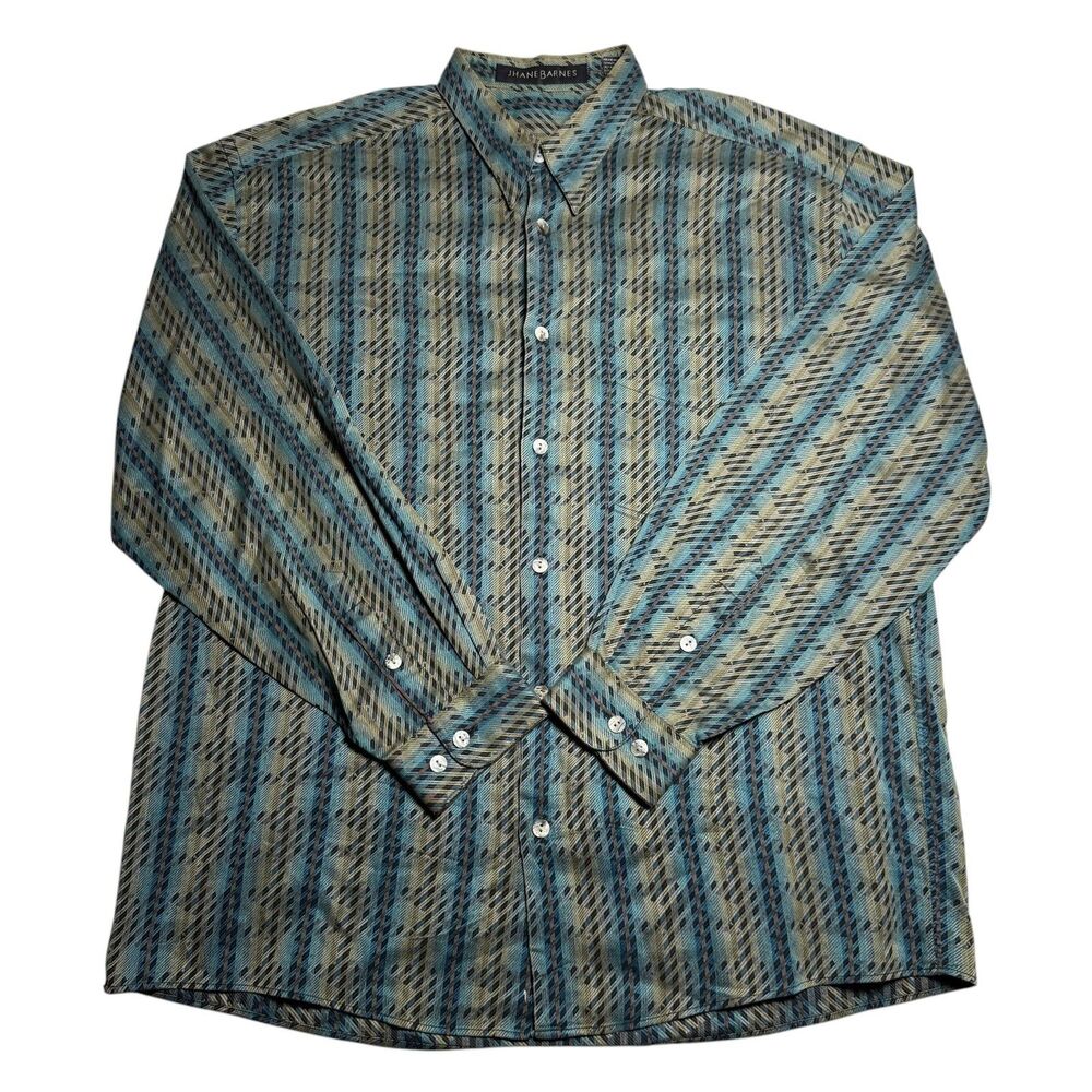 Vintage Jhane Barnes Shirt Mens Large Green Abstract Long Sleeve Woven Geometric